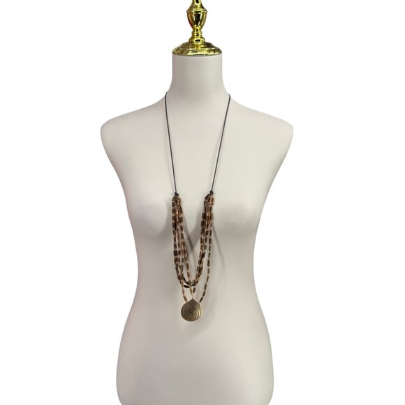 J. Jill Layered Beaded Necklace Hammered Gold Tone Pendant Cord Adjustable - Picture 9 of 15